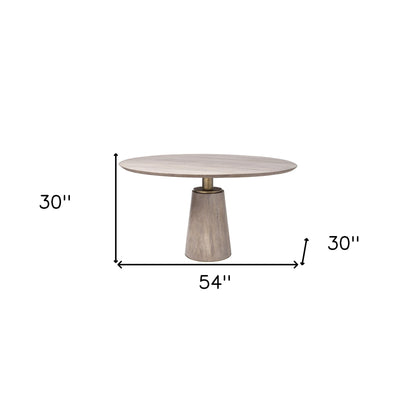 54" Brown And Gold Rounded Solid Wood And Metal Pedestal Base Dining Table