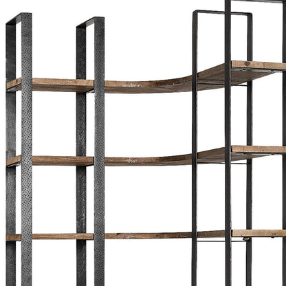90" Black And Brown Iron and Wood Six Tier Bookcase