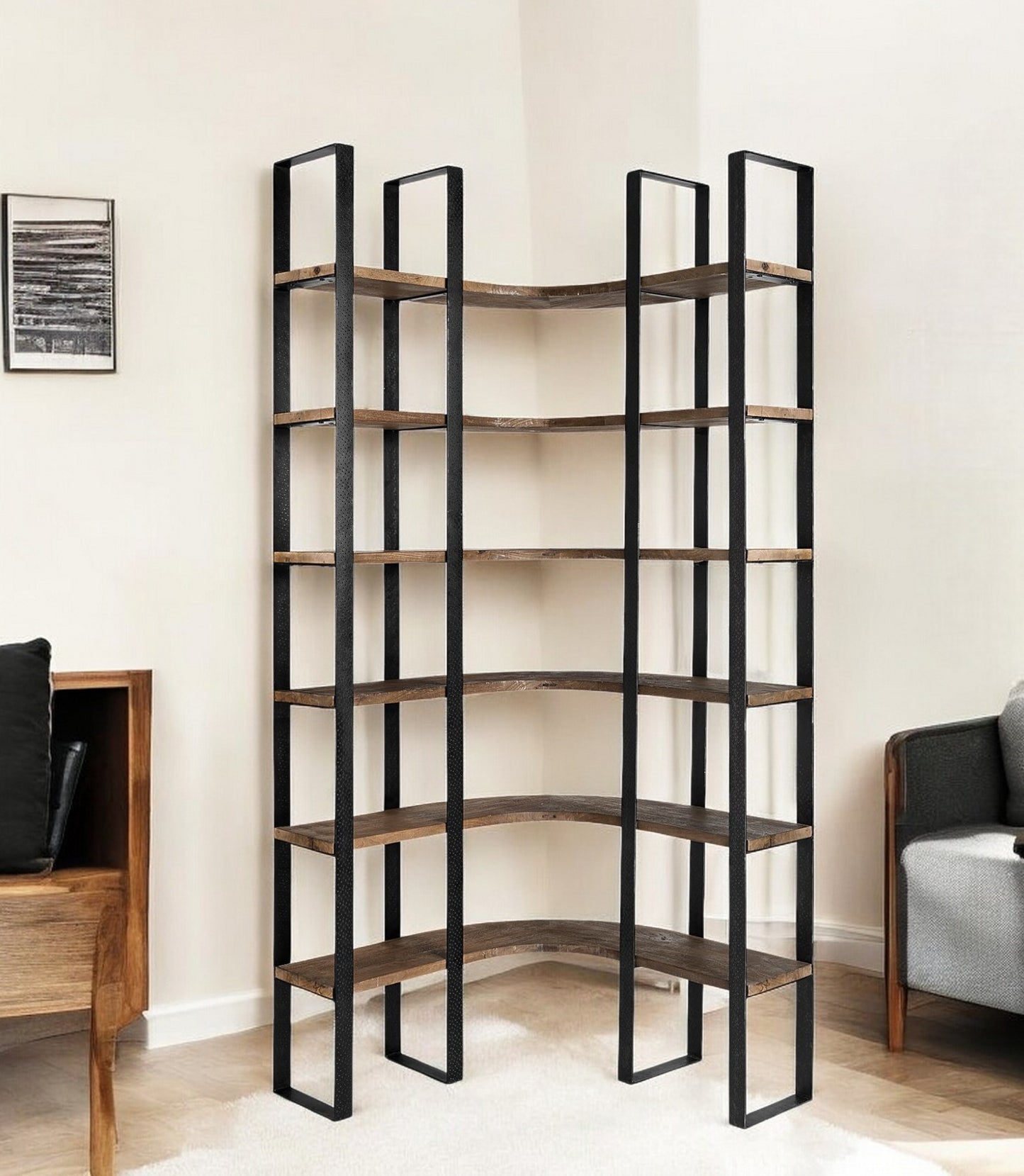 90" Black And Brown Iron and Wood Six Tier Bookcase