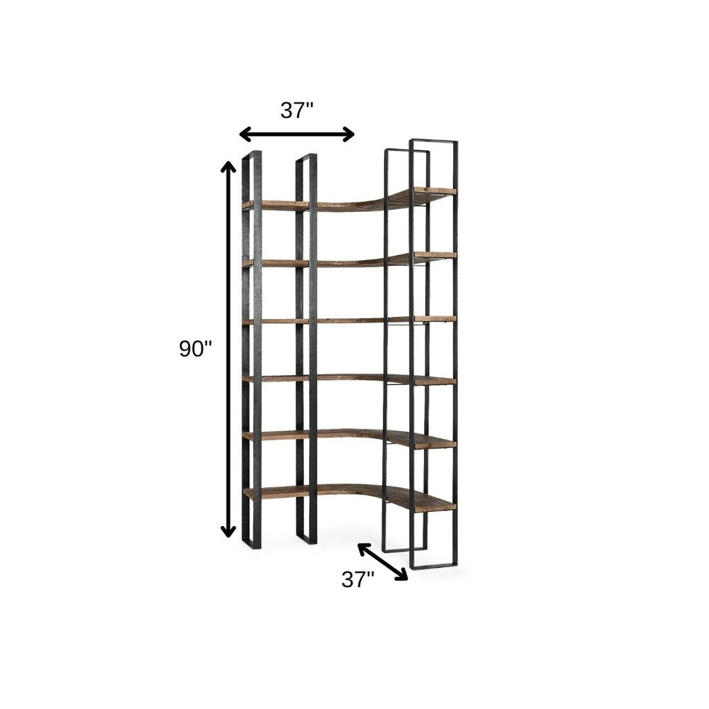 90" Black And Brown Iron and Wood Six Tier Bookcase