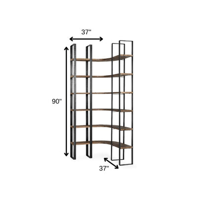 90" Black And Brown Iron and Wood Six Tier Bookcase
