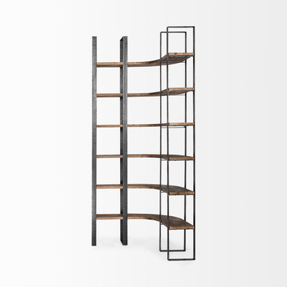 Curved Dark Brown Wood And Black Iron 6 Shelving Unit