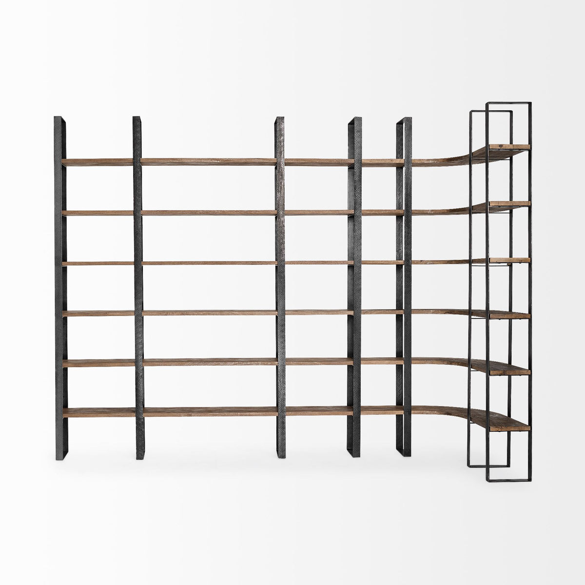 90" Black And Brown Iron and Wood Six Tier Bookcase