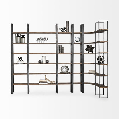 Curved Dark Brown Wood And Black Iron 6 Shelving Unit