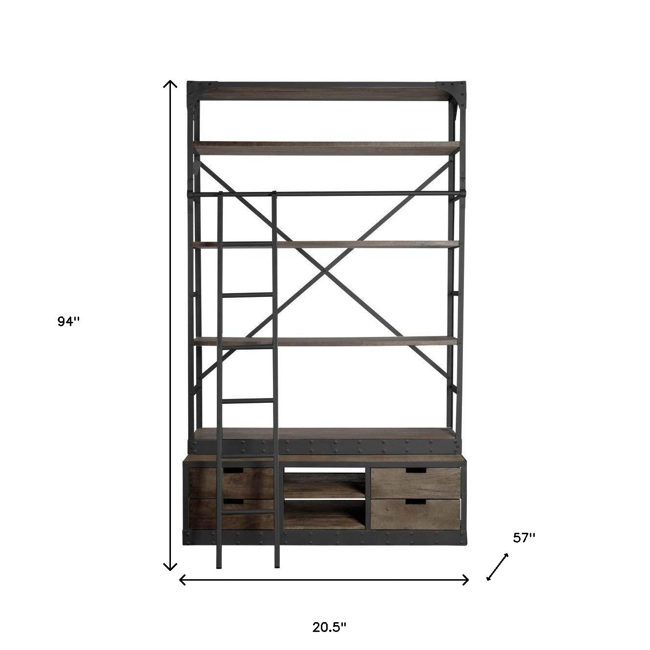 Brown Wood Shelving Unit With Gun Metal Ladder And 4 Shelves