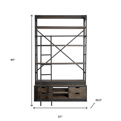 94" Brown Metal and Wood Four Tier Ladder Bookcase