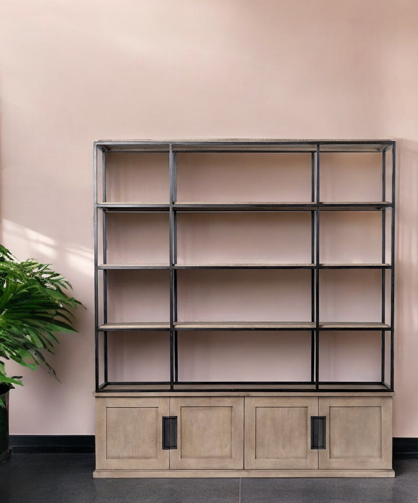 Light Brown Wood And Iron Shelving Unit With 3 Shelves