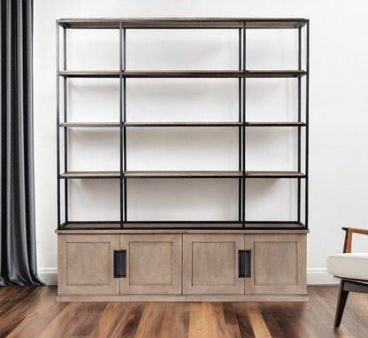 90" Brown Iron and Wood Three Tier Bookcase