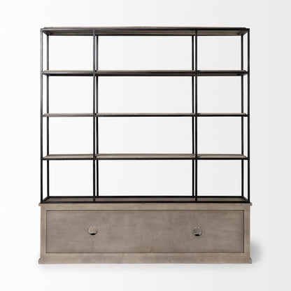90" Brown Iron and Wood Three Tier Bookcase