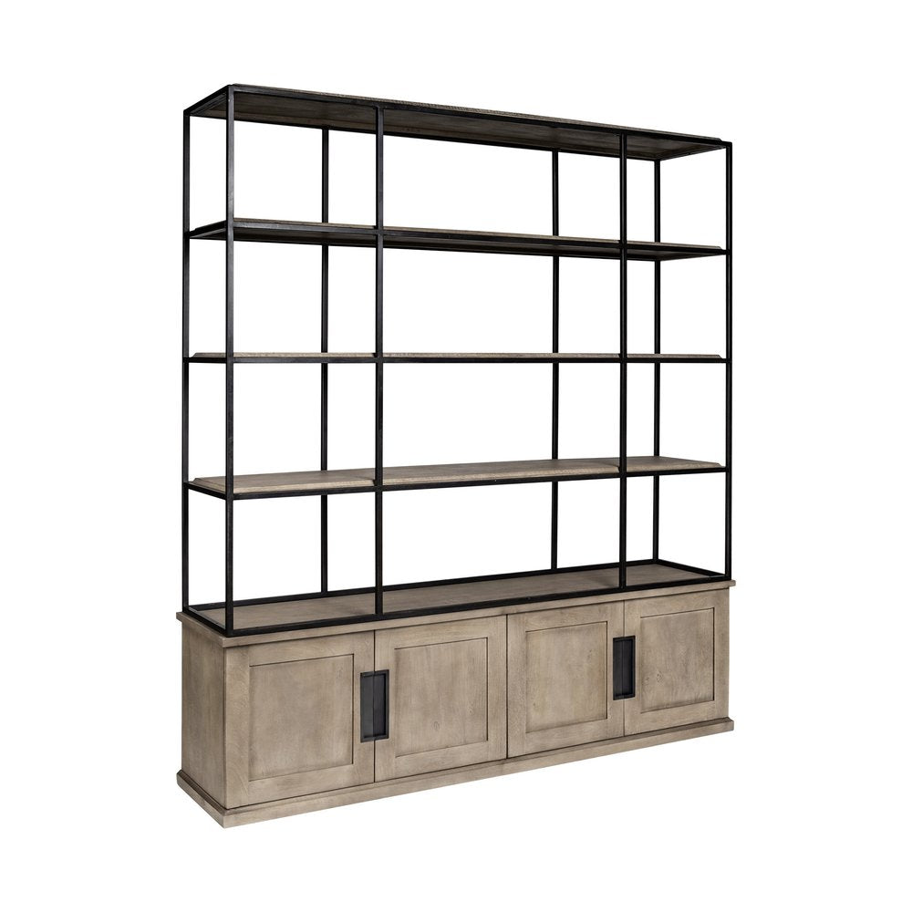 90" Brown Iron and Wood Three Tier Bookcase