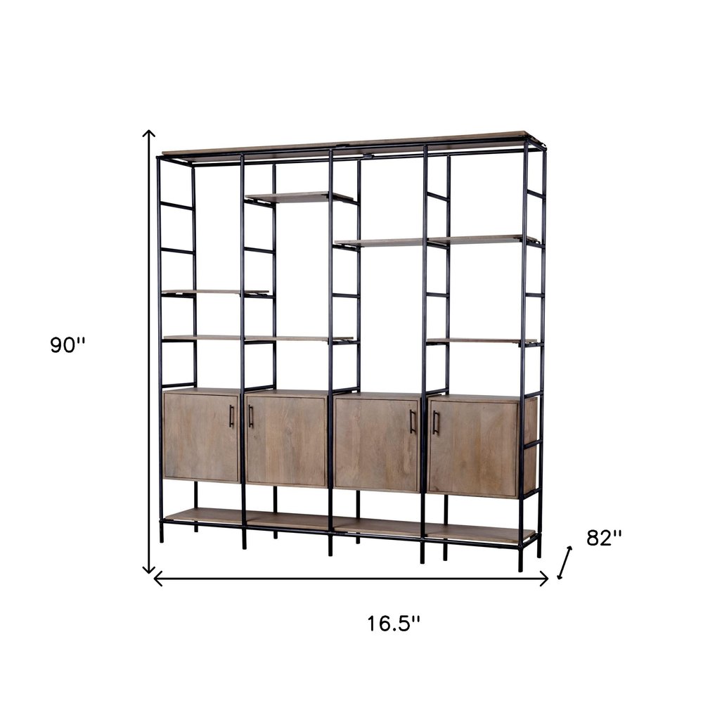 90" Brown Metal and Wood Bookcase