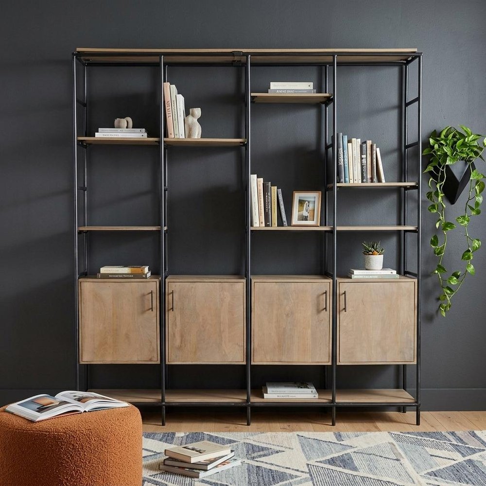 90" Brown Metal and Wood Bookcase