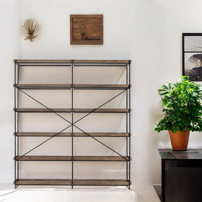 88" Black And Brown Iron and Wood Five Tier Bookcase