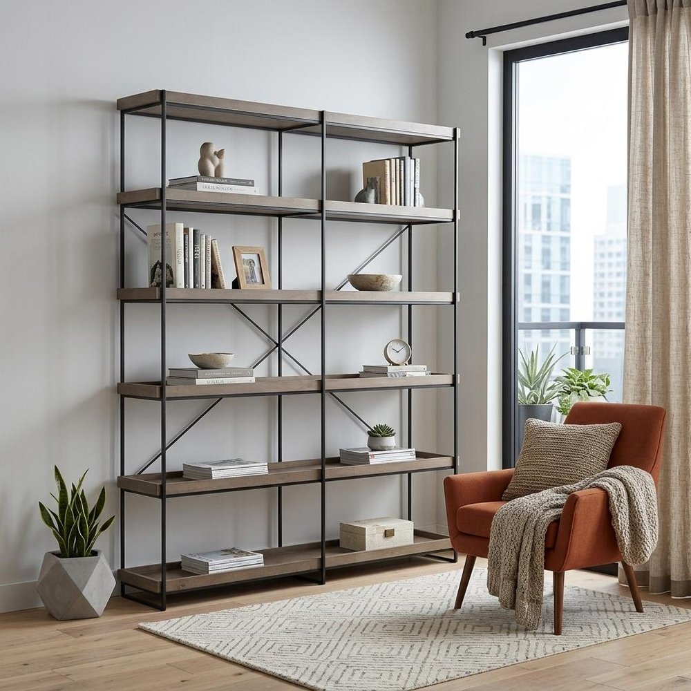 88" Black And Brown Iron and Wood Five Tier Bookcase