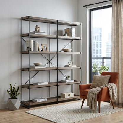 88" Black And Brown Iron and Wood Five Tier Bookcase