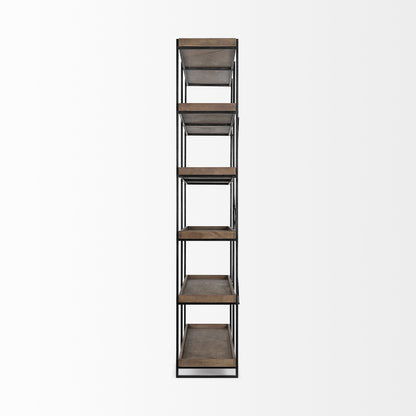 88" Black And Brown Iron and Wood Five Tier Bookcase