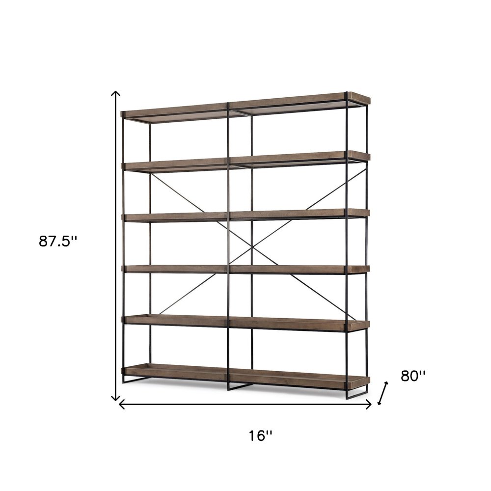 88" Black And Brown Iron and Wood Five Tier Bookcase