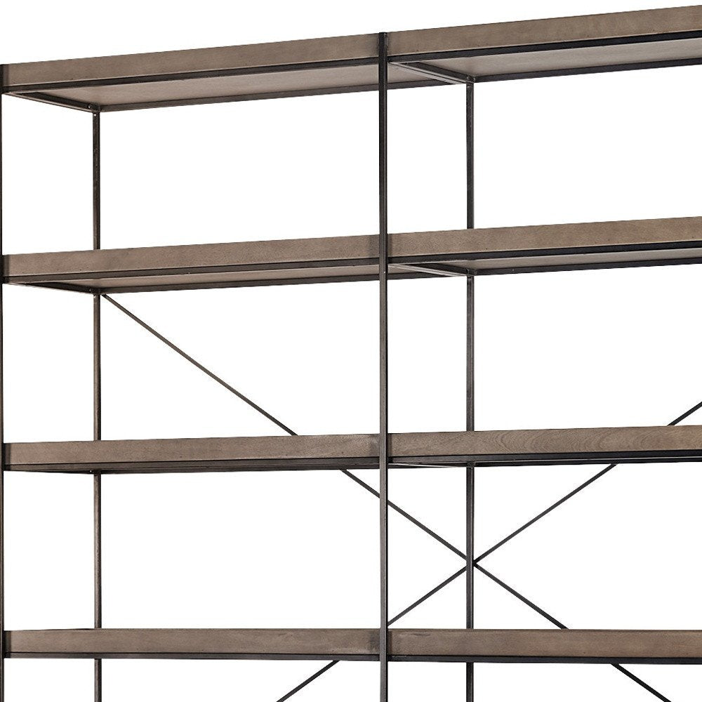 88" Black And Brown Iron and Wood Five Tier Bookcase