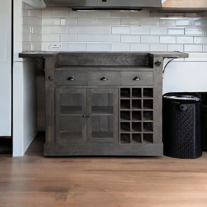 Gray Solid Wood Kitchen Island With Wine Bottle Storage