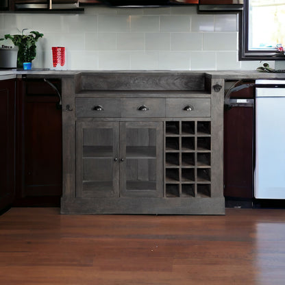 Gray Solid Wood Kitchen Island With Wine Bottle Storage