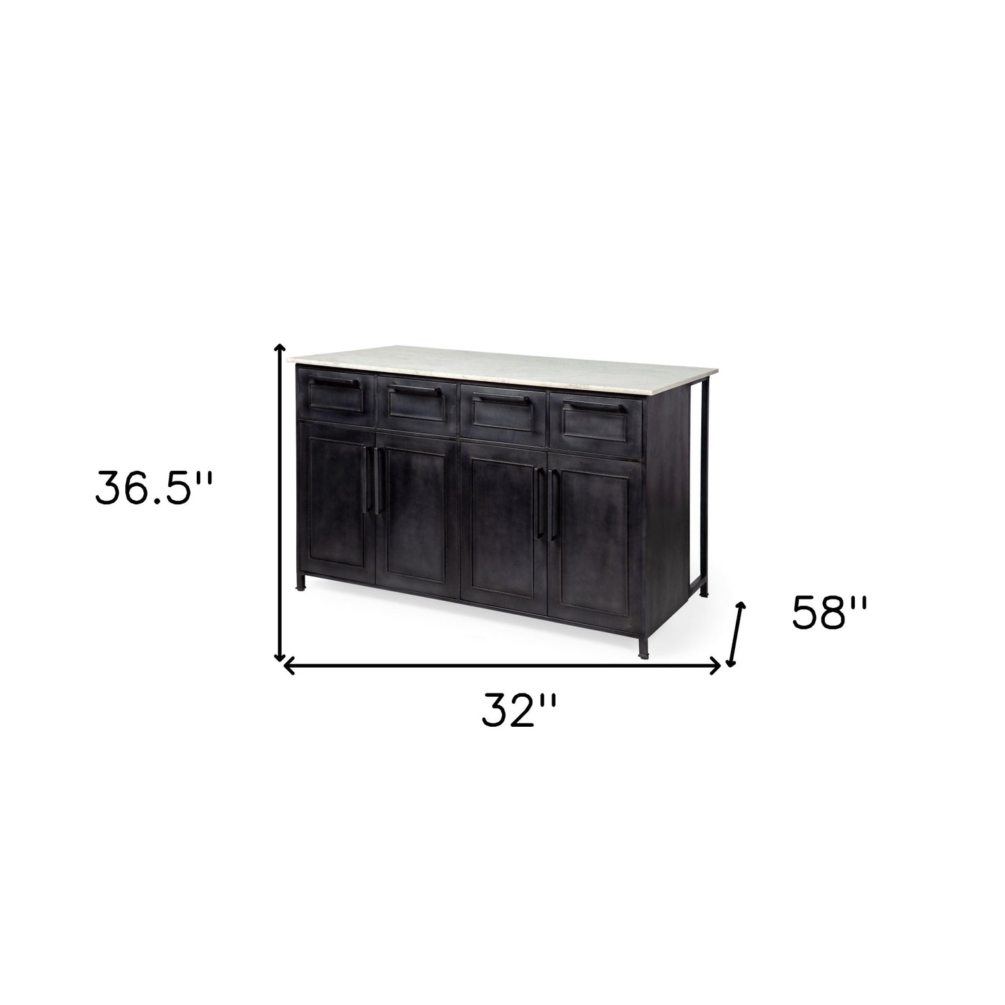 Solid Iron Black Body White Marble Top Kitchen Island With 4 Drawer