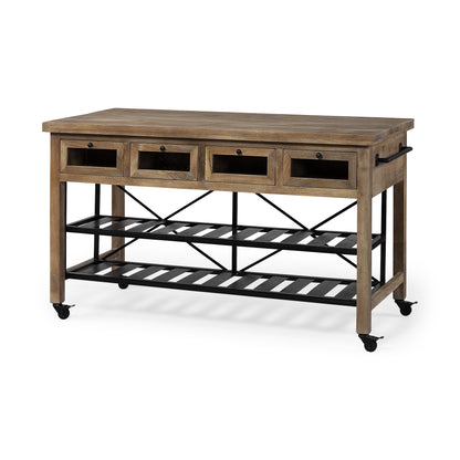 Brown Solid Wood Top Kitchen Island With Two Tier Black Metal Rolling