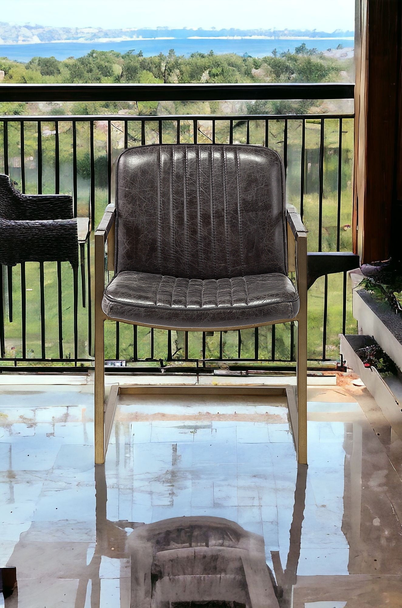 Black Leather Seat Accent Chair With Brass Frame