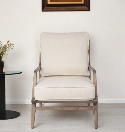 24" Ivory and Brown Fabric Arm Chair