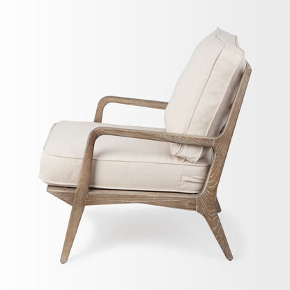 24" Ivory And Wood Brown Fabric Arm Chair