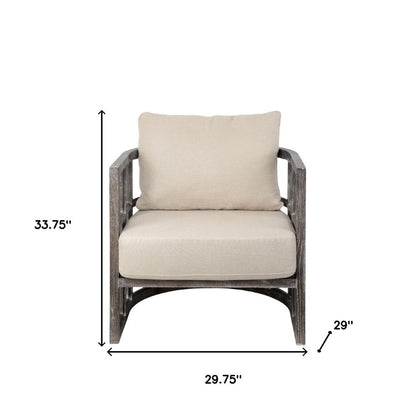 30" Cream and Brown Fabric Distressed Arm Chair