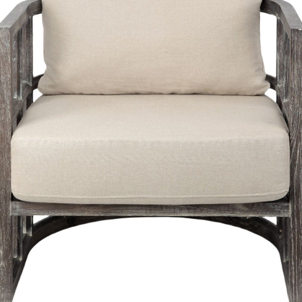 30" Cream And Brown Fabric Distressed Barrel Chair