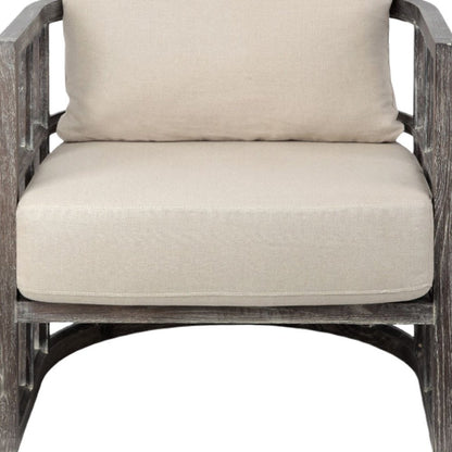 30" Cream and Brown Fabric Distressed Arm Chair