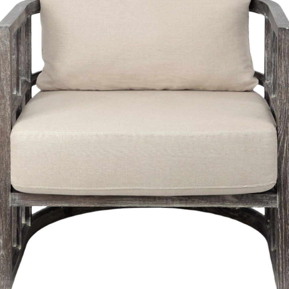 30" Cream and Brown Fabric Distressed Arm Chair