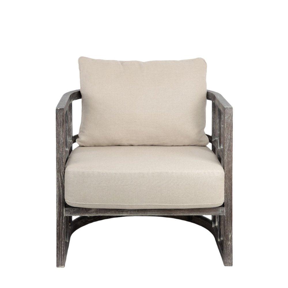 30" Cream and Brown Fabric Distressed Arm Chair