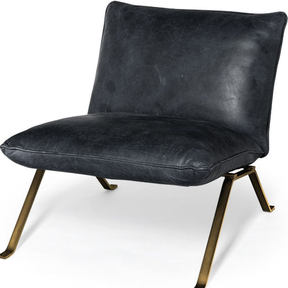 34" Black And Brass Top Grain Leather Distressed Slipper Chair