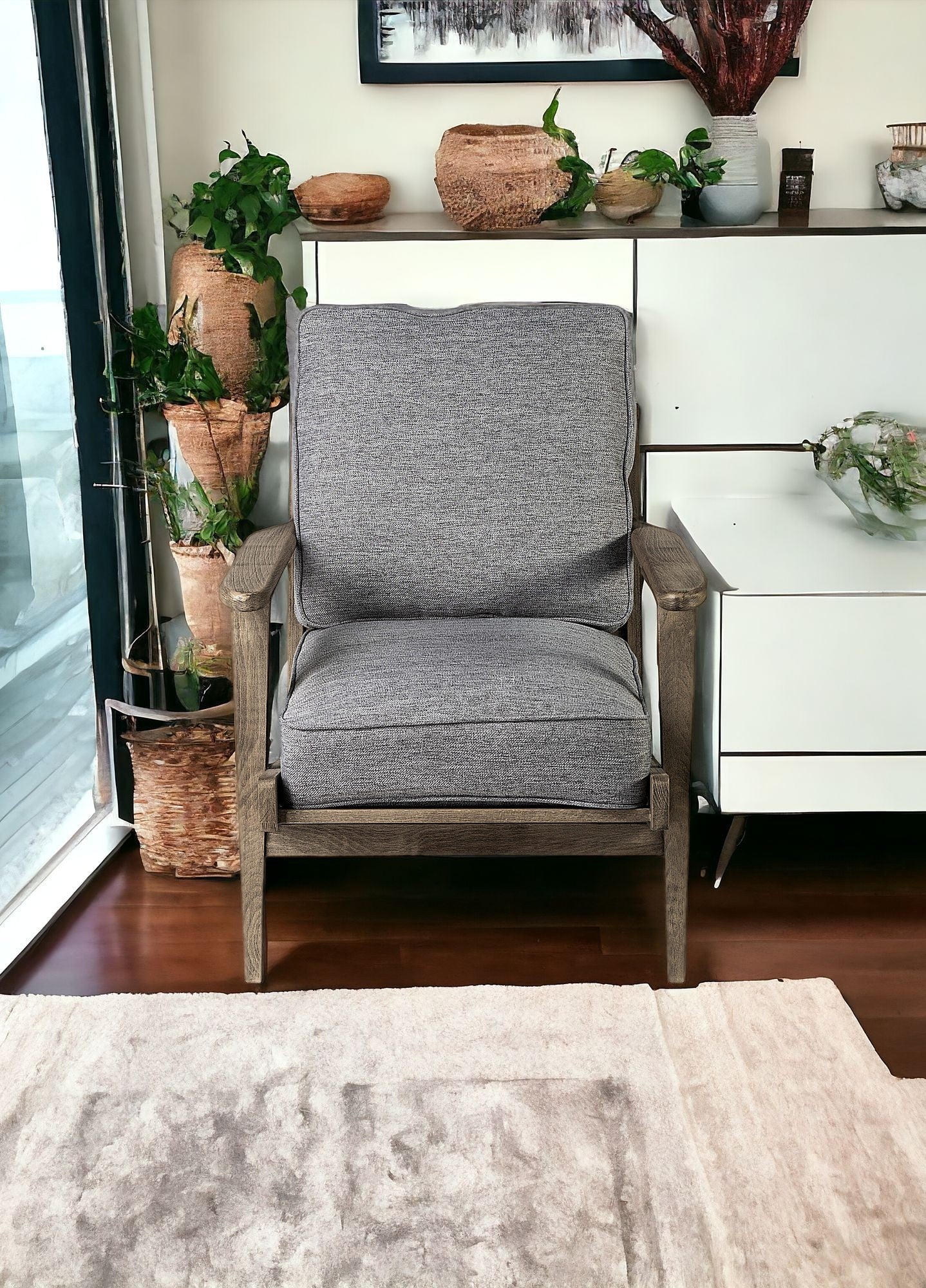 31" Gray And Brown Fabric Lounge Chair