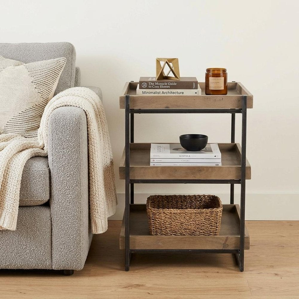 26" Brown Solid Wood Square End Table With Two Shelves