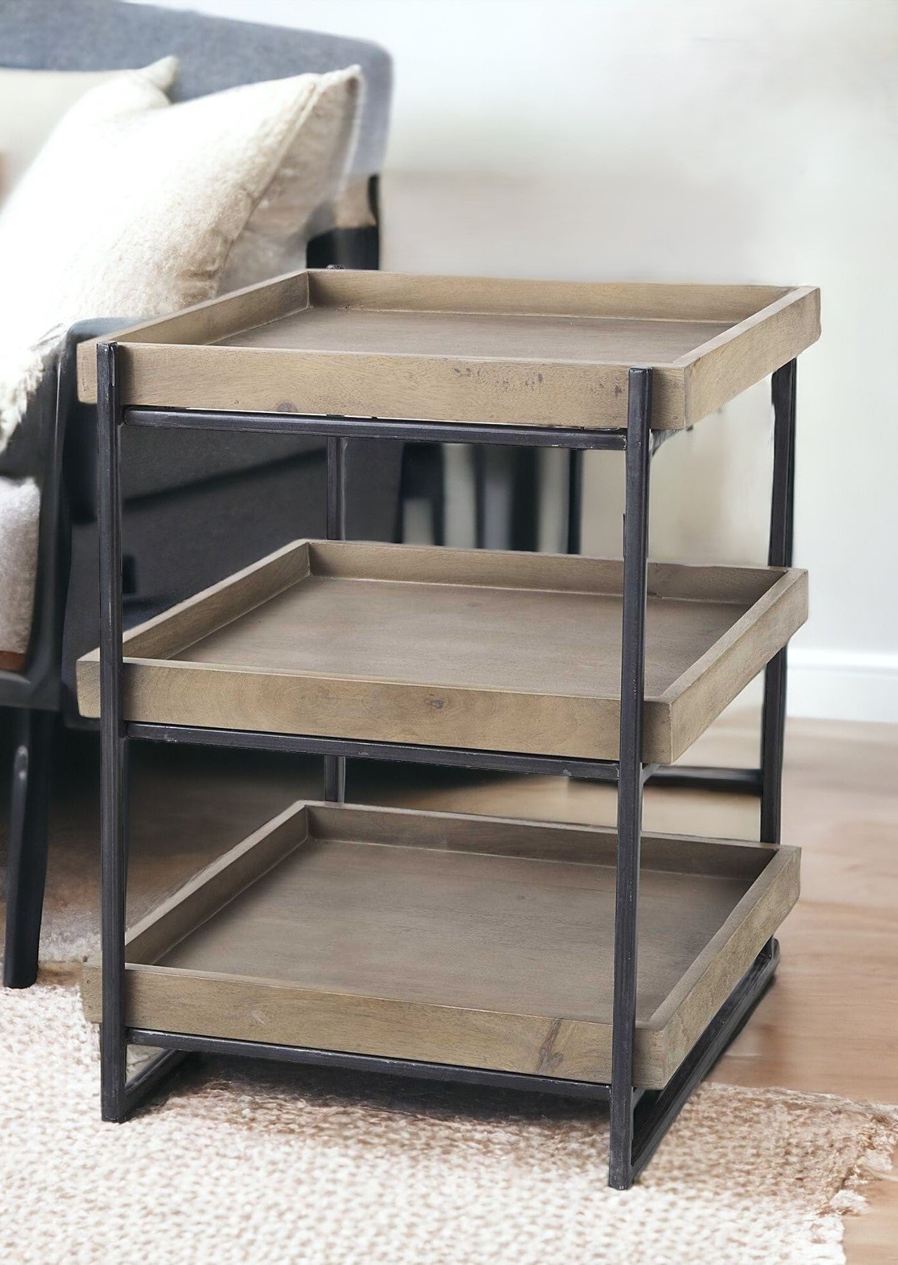 26" Brown Solid Wood Square End Table With Two Shelves