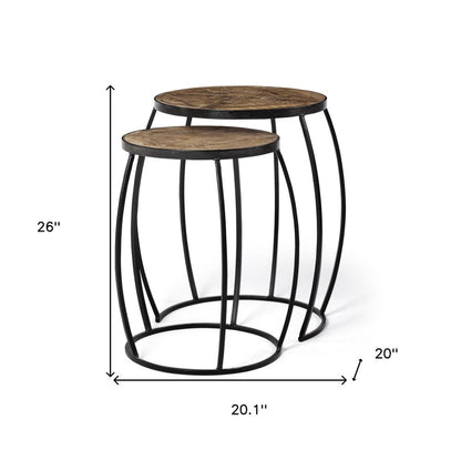 Set of Two 26" Brown And Black Solid Wood And Iron Round End Table