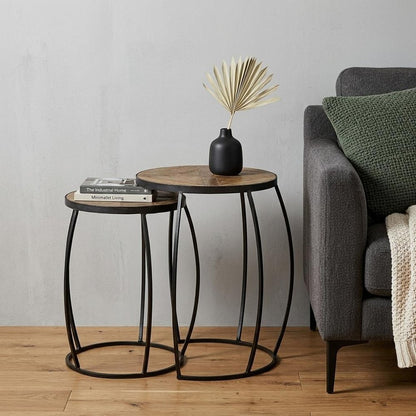Set of Two 26" Brown And Black Solid Wood And Iron Round End Table