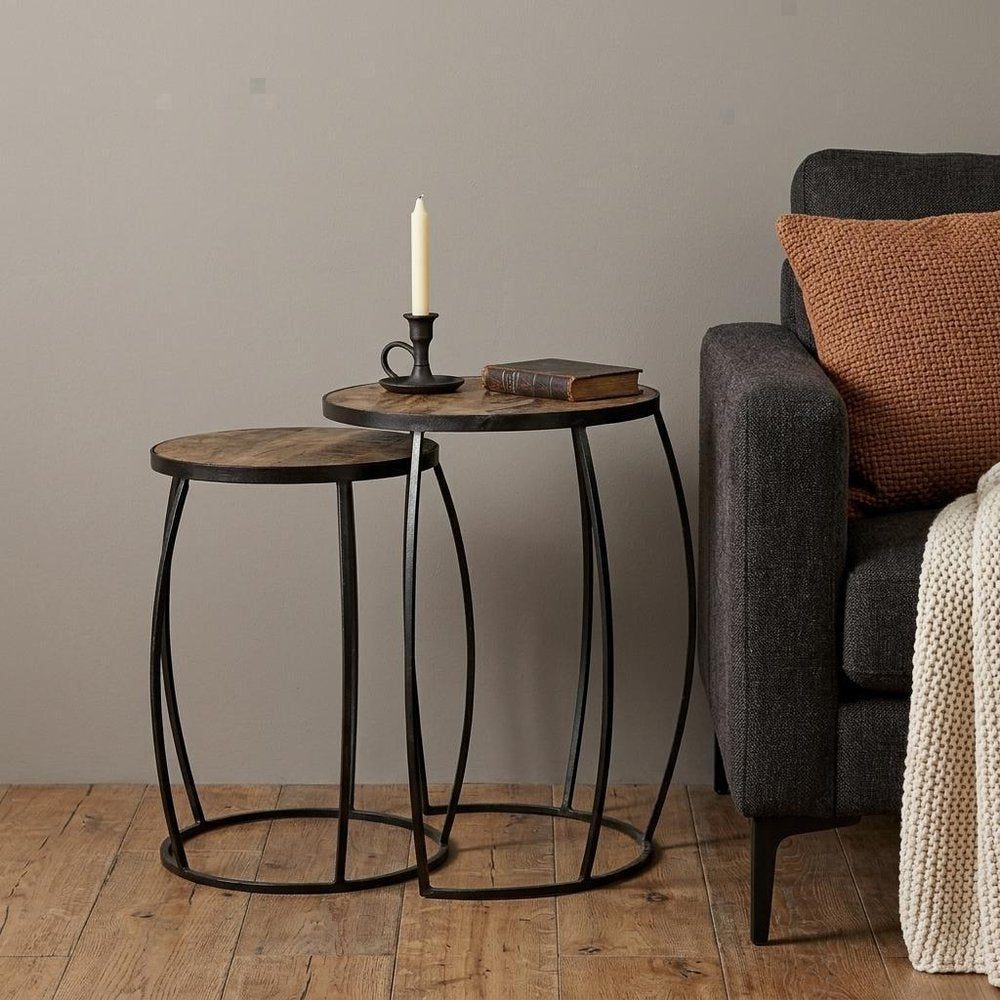 Set of Two 26" Black And Brown Solid Wood Round End Table