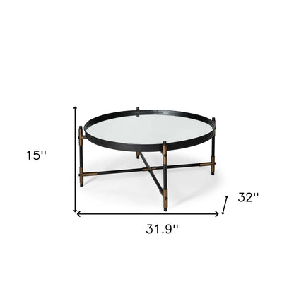 32" Clear Black and Bronze Glass And Metal Round Coffee Table