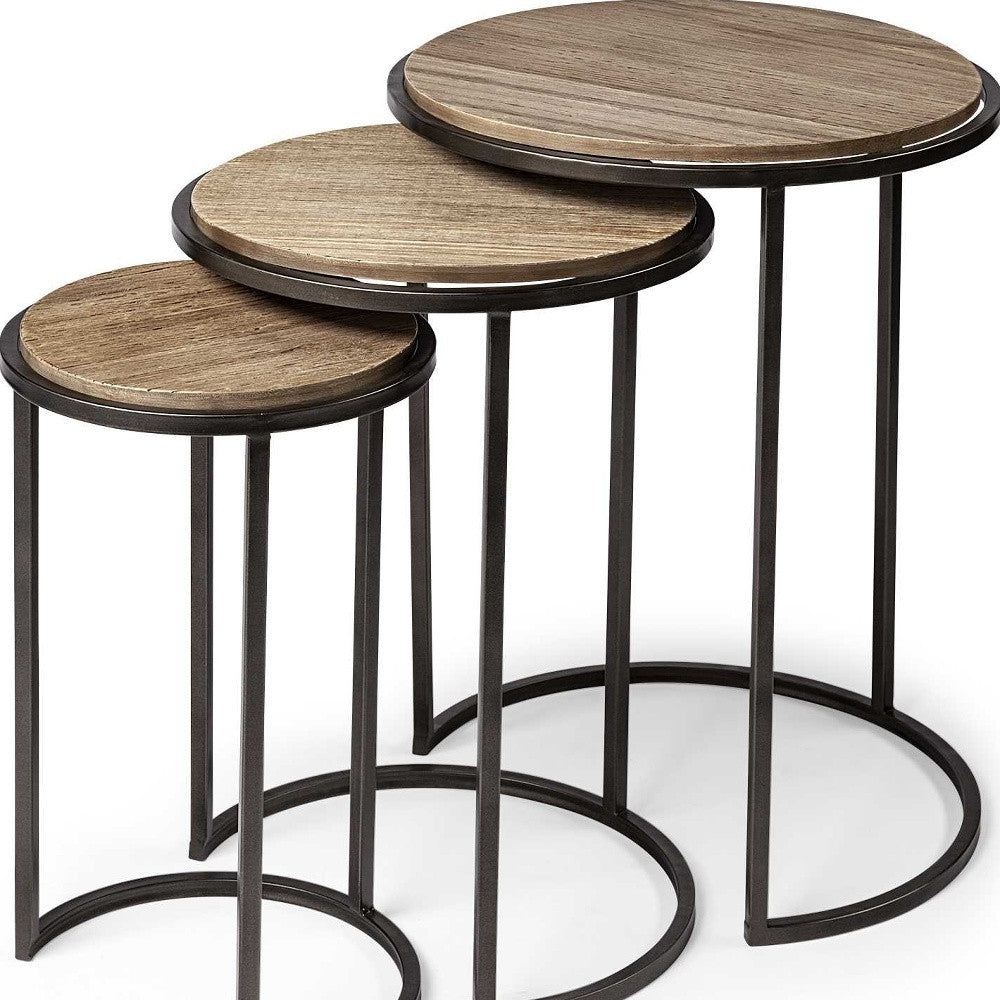 Set of Three 27" Black And Brown Solid Wood Round End Table