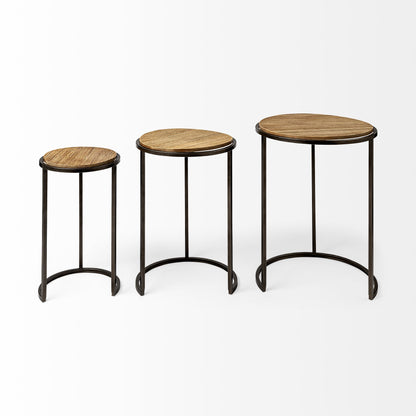 Set of Three 27" Black And Brown Solid Wood Round End Table