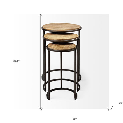 Set of Three 27" Black And Brown Solid Wood Round End Table