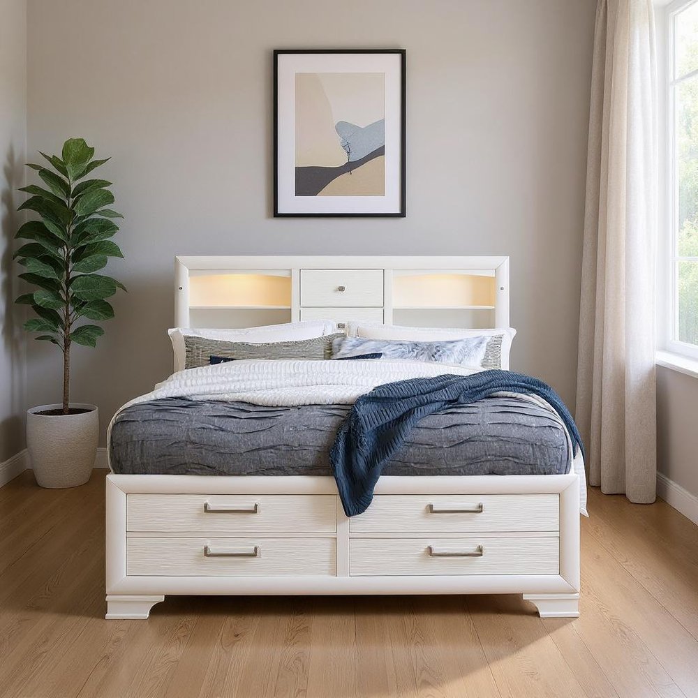 White Solid Wood Lighted Full Bed Frame With Drawers