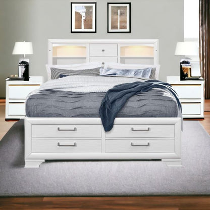 White Solid Wood Lighted Full Bed Frame With Drawers