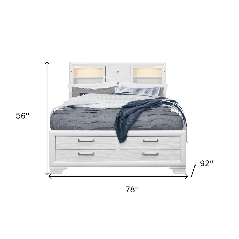 White Solid Wood Lighted King Bed Frame With Drawers