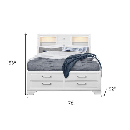 White Solid Wood Lighted King Bed Frame With Drawers