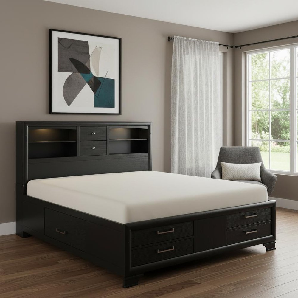 Solid Wood Queen Gray Eight Drawers Bed
